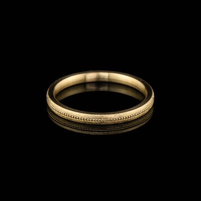 Goldzeit Ring Modell Elisa, schmaler Ehering in eismatt mit Millegriffe, besonderer Vintage Ehering vom Goldschmied, Gelbgold