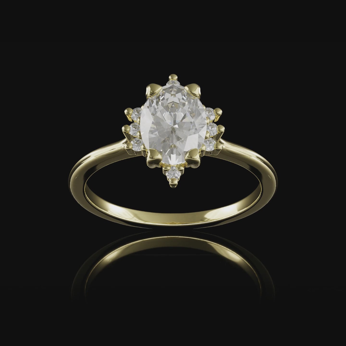 Verlobungsring Design Violet individueller besonderer Verlobungsring ovaler Mittelstein spitze Krappen Seitensteine von der Goldschmiede Goldzeit in Nuernberg 18 Karat Gelbgold Turntable 360 Grad Ansicht